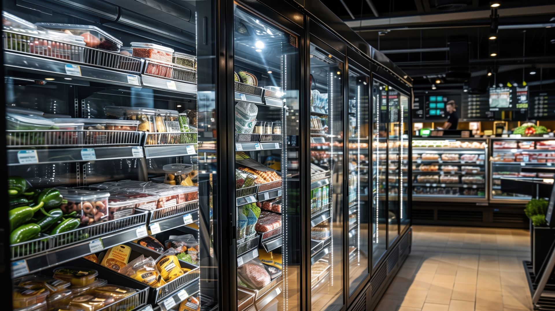 Vitrines réfrigérées remplies de produits alimentaires emballés dans une épicerie moderne.