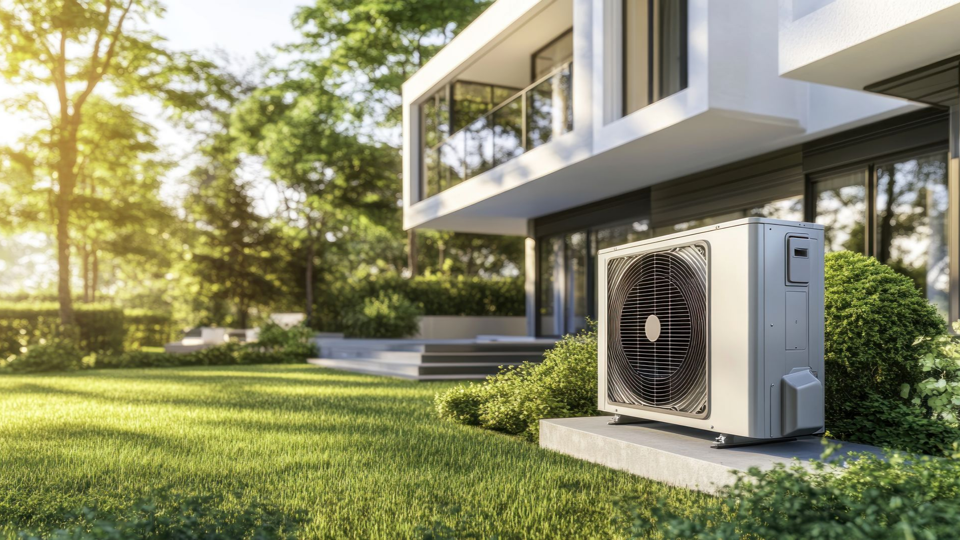 Unité de pompe à chaleur à l'extérieur d'une maison blanche moderne sur une pelouse ensoleillée.