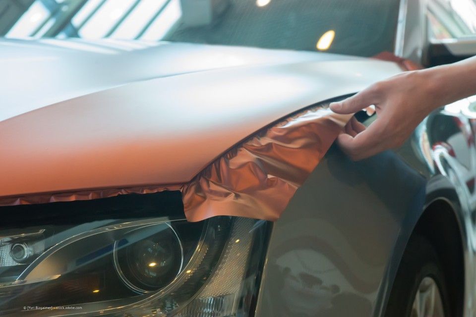 Mitarbeiter der Autoglastechnik Robert Gigl GmbH bringt Folie auf der Motorhaube eines Autos an