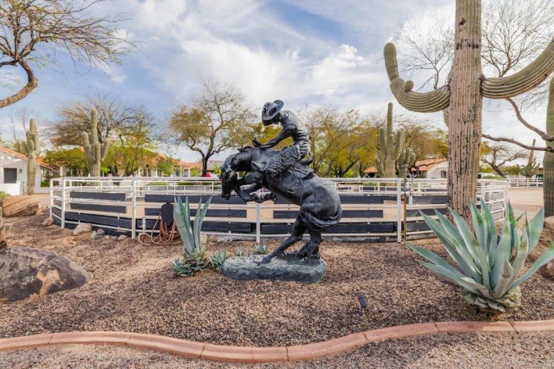Bronze rodeo statue bucking horse and rider, in front of white fence, desert landscape with cacti.