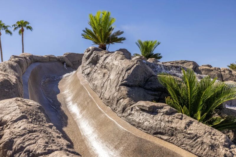 Water slide built into faux rock formation with palm trees, blue sky.