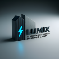 Logo: LG Lumix with building graphic, lightning bolt, and tagline "Tecnología que construye, energía que conecta."