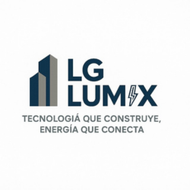 Logo: LG Lumix with building graphic, lightning bolt, and tagline "Tecnología que construye, energía que conecta."