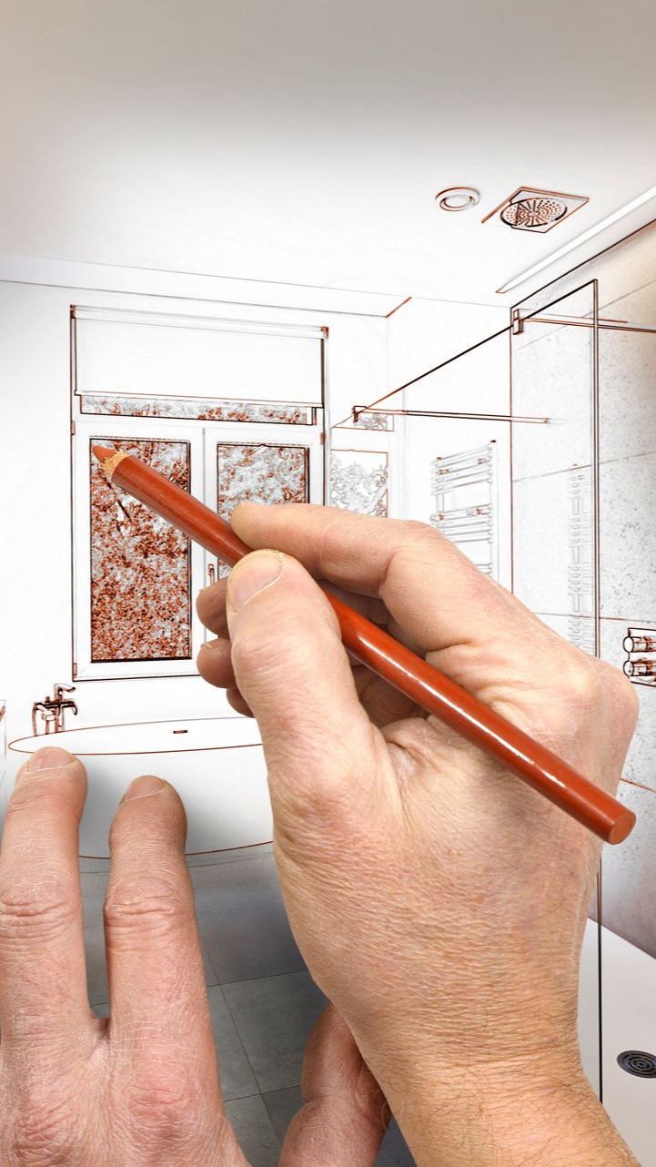 Dessin à la main au crayon brun sur un croquis d'intérieur avec une fenêtre.