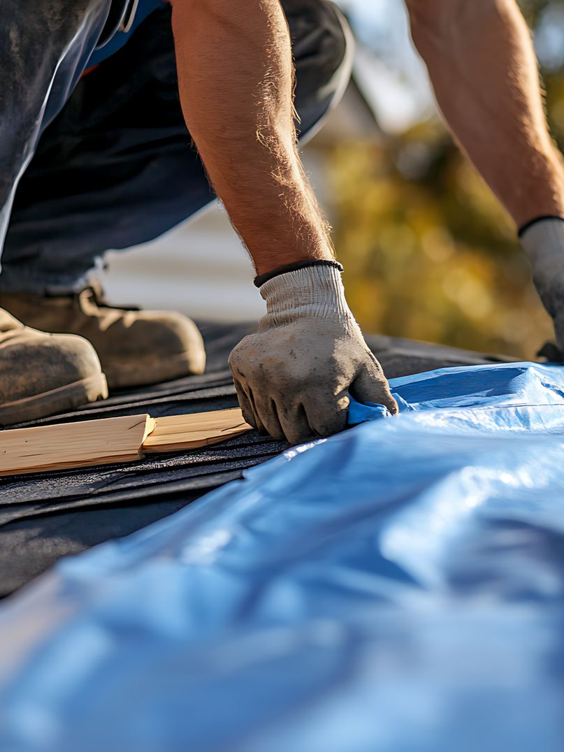 Pose d'une bache sur un toit.
