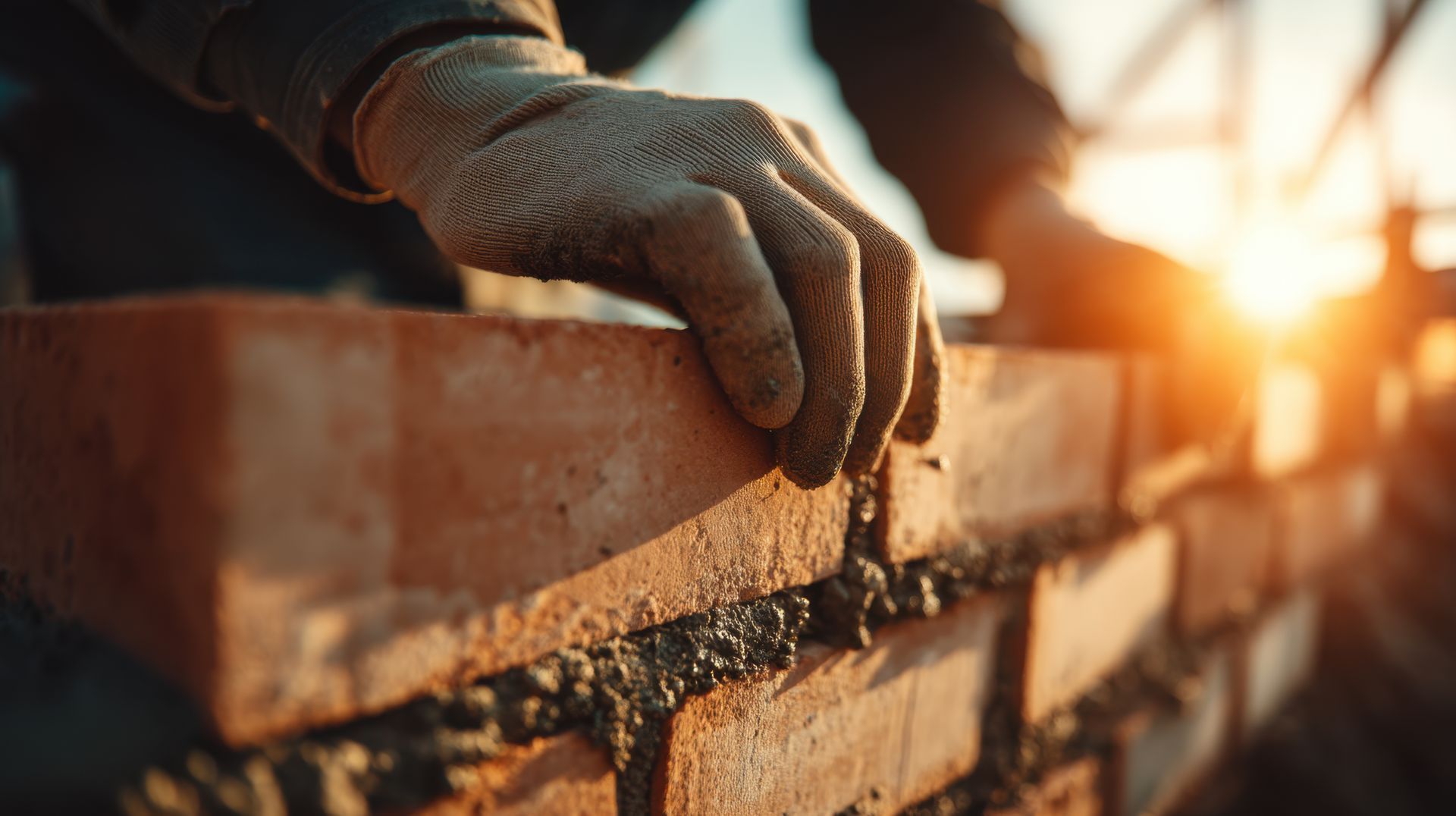 Deux mains gantés au dessus d'un mur en cours de construction