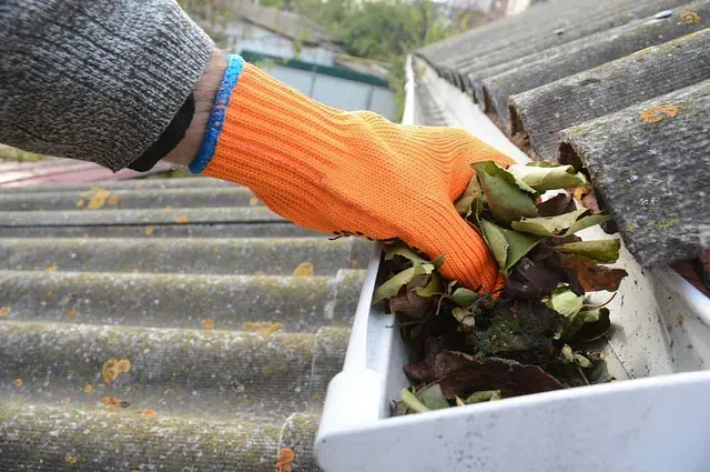 Una persona que lleva guantes naranjas está limpiando una canaleta con hojas.