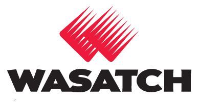 Un logotipo rojo y negro para wasatch sobre un fondo blanco.