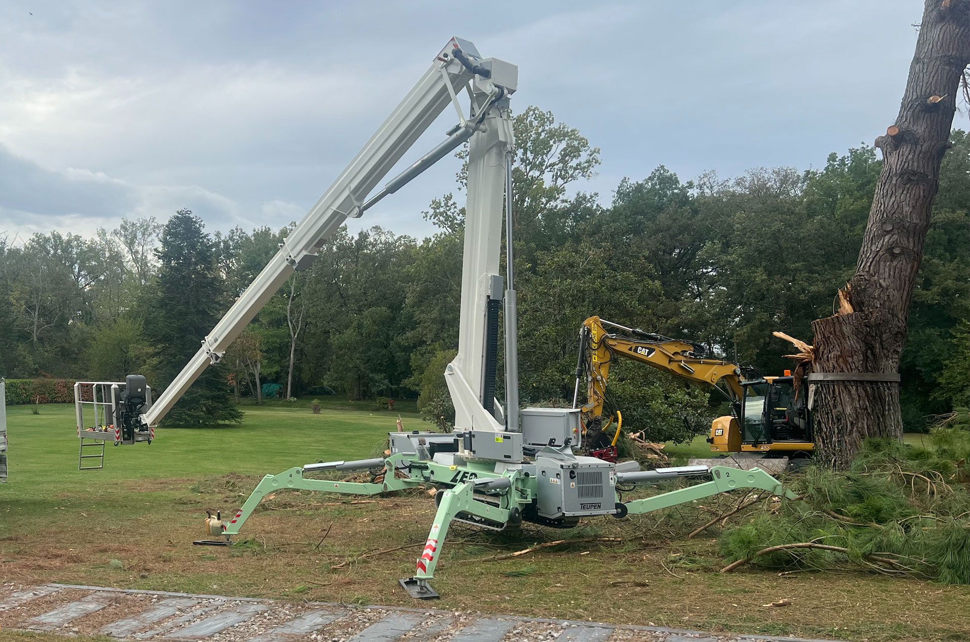 Une nacelle araignée déployé pour élaguer un arbre dans un jardin.