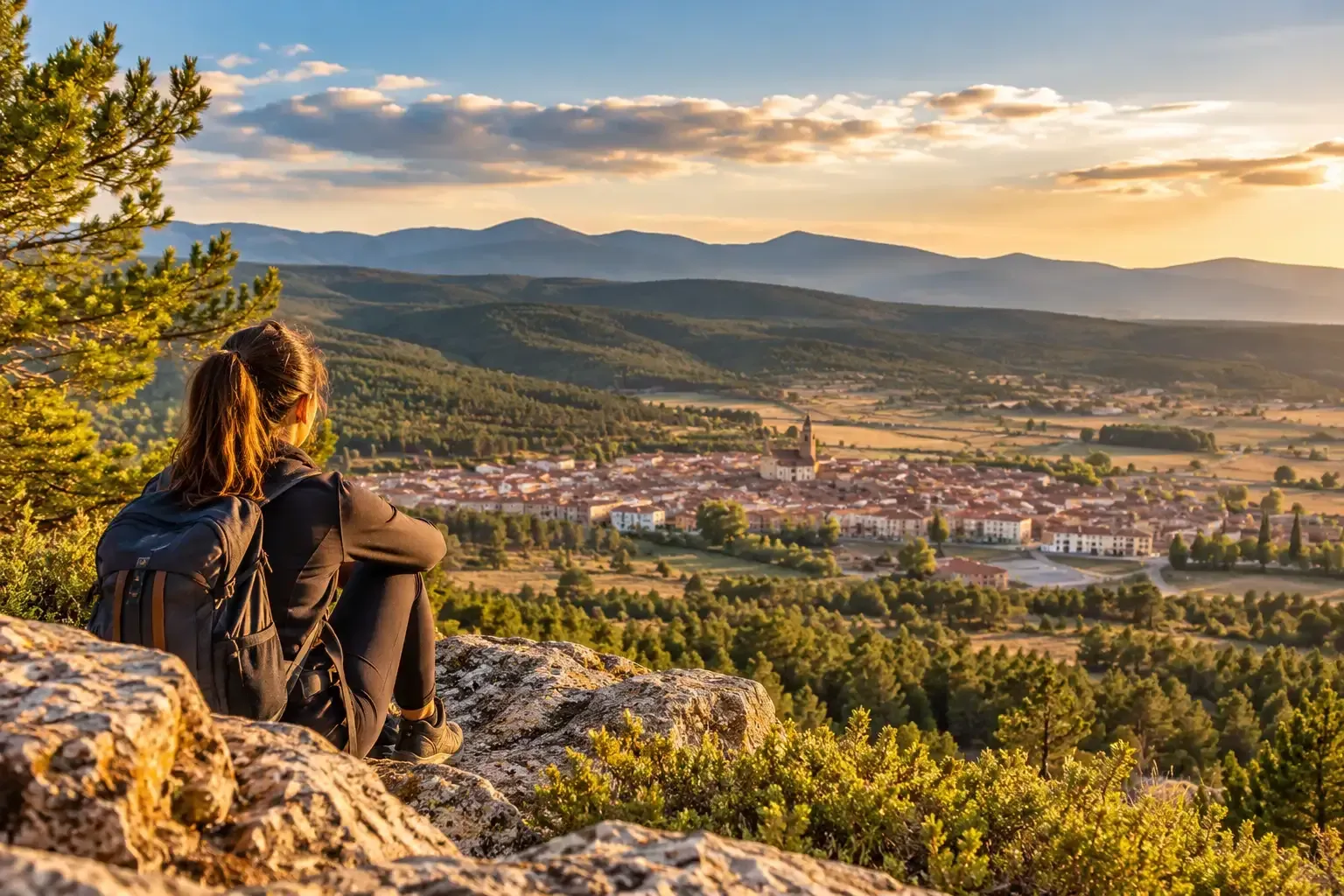 Una persona sentada en un mirador rocoso sobre un pueblo en el valle al atardecer, con montañas y bosques a lo lejos