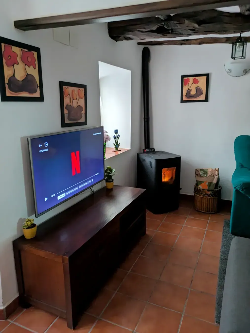 Acogedora sala de estar con un televisor, una estufa de leña, cuadros enmarcados y suelo de baldosas de terracota.