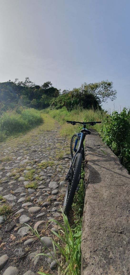 Uma bicicleta está estacionada na beira de uma estrada de pedra.
