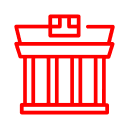 Ein rotes Liniensymbol eines Gebäudes mit Säulen auf weißem Hintergrund.