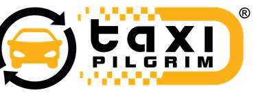 Logotipo de Taxi Pilgrim con un autom&oacute;vil dentro de flechas giratorias y el nombre de la marca.