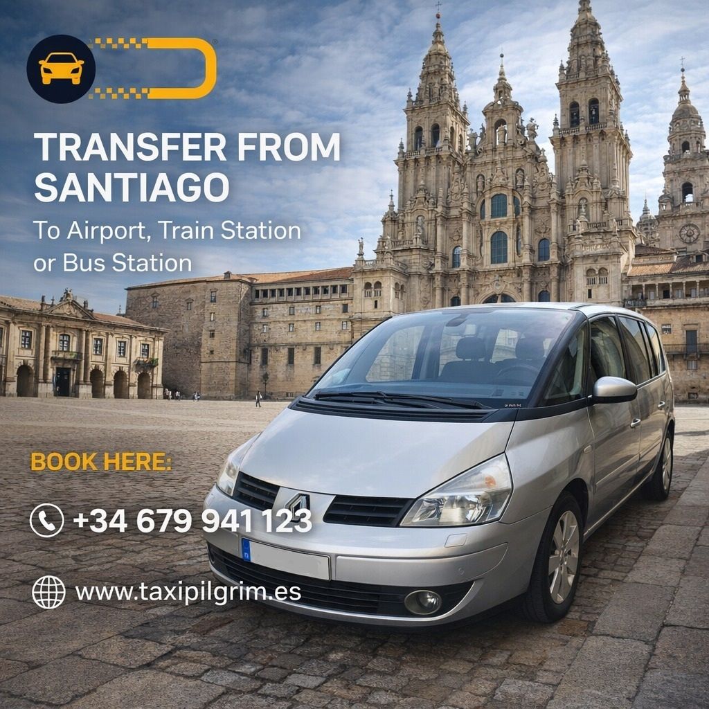Anuncio de servicio de taxi: Minivan plateada en Santiago de Compostela, con traslados al aeropuerto, estación de tren o autobús. Se proporciona información de contacto.