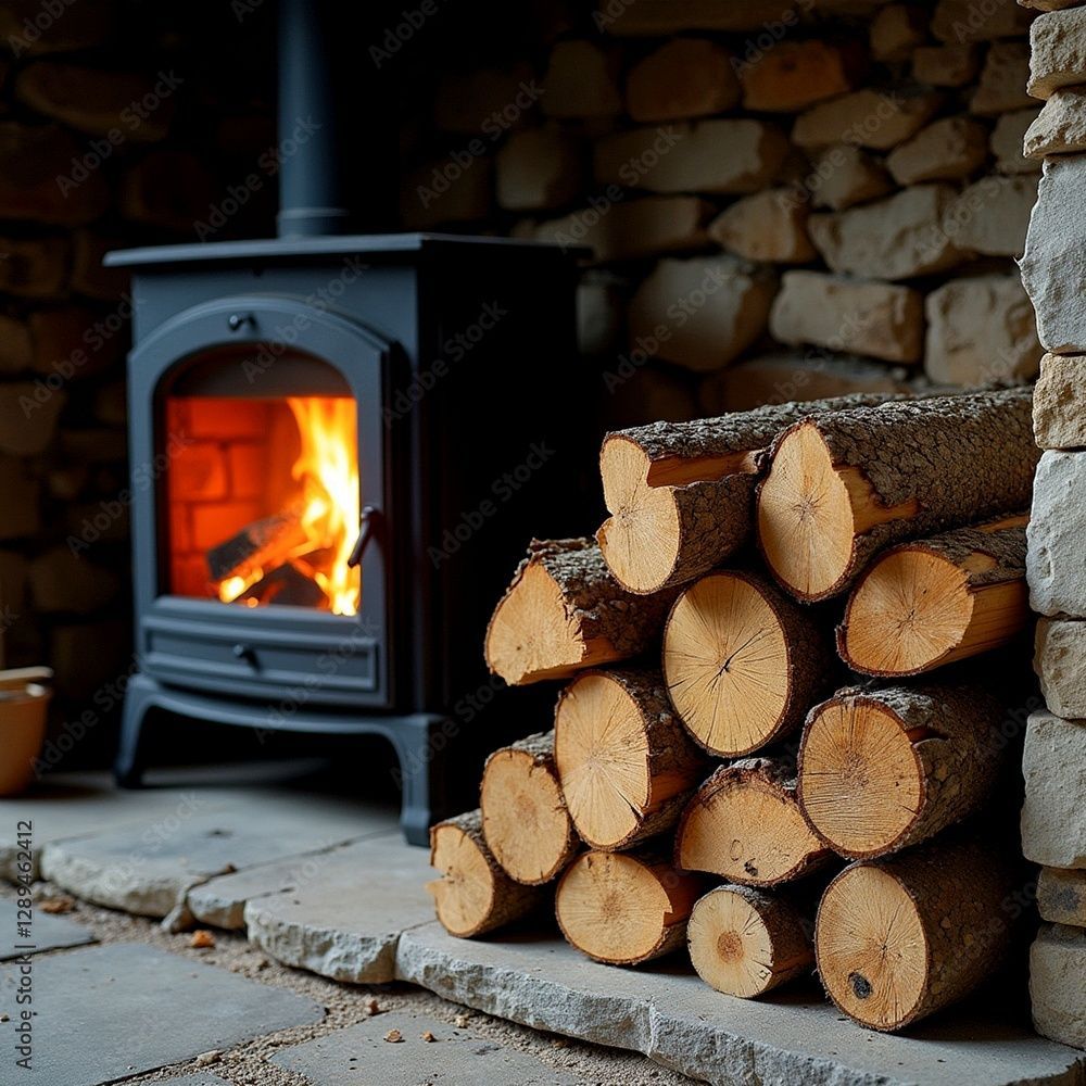 Poêle à bois et bûches