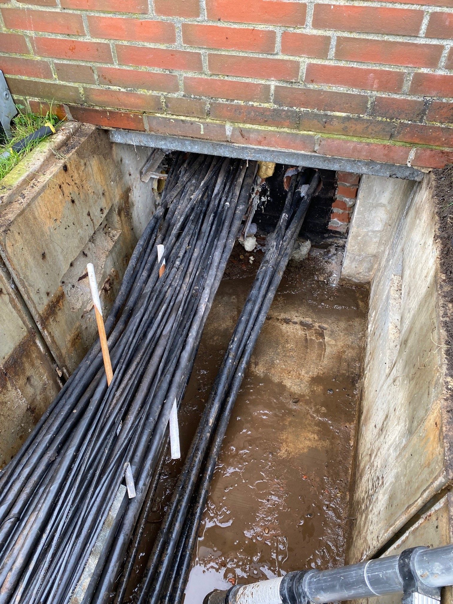 Ein Bündel Drähte kommt aus einem Loch im Boden.