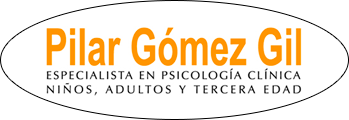 Logo de “Pilar Gómez Gil”, especialista en psicología clínica; texto naranja y negro en fondo blanco.