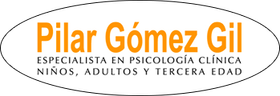 Logo de “Pilar Gómez Gil”, especialista en psicología clínica; texto naranja y negro en fondo blanco.