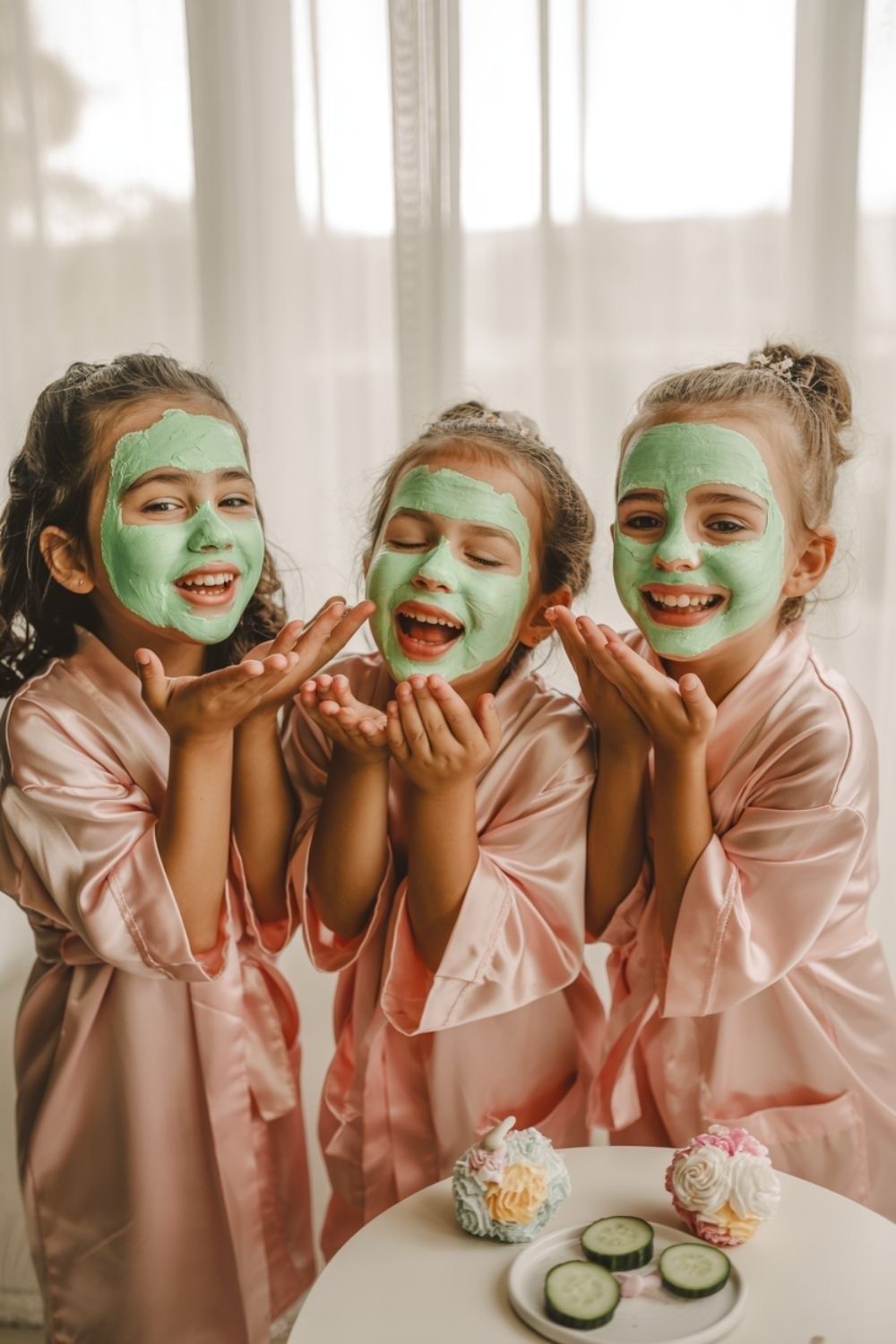 Trois enfants en robes roses et masques verts envoient des baisers.