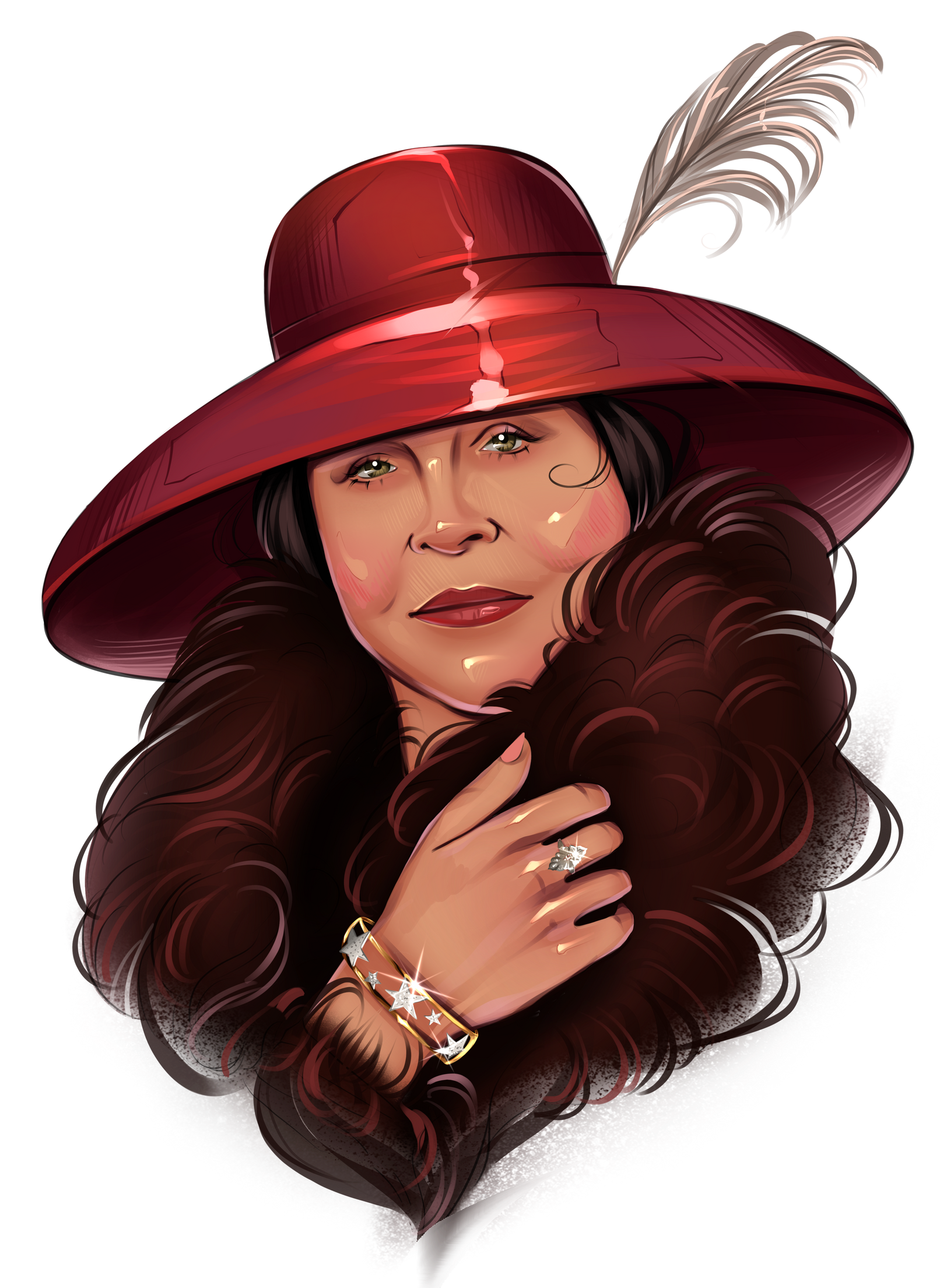 Una mujer que lleva un sombrero rojo con una pluma.