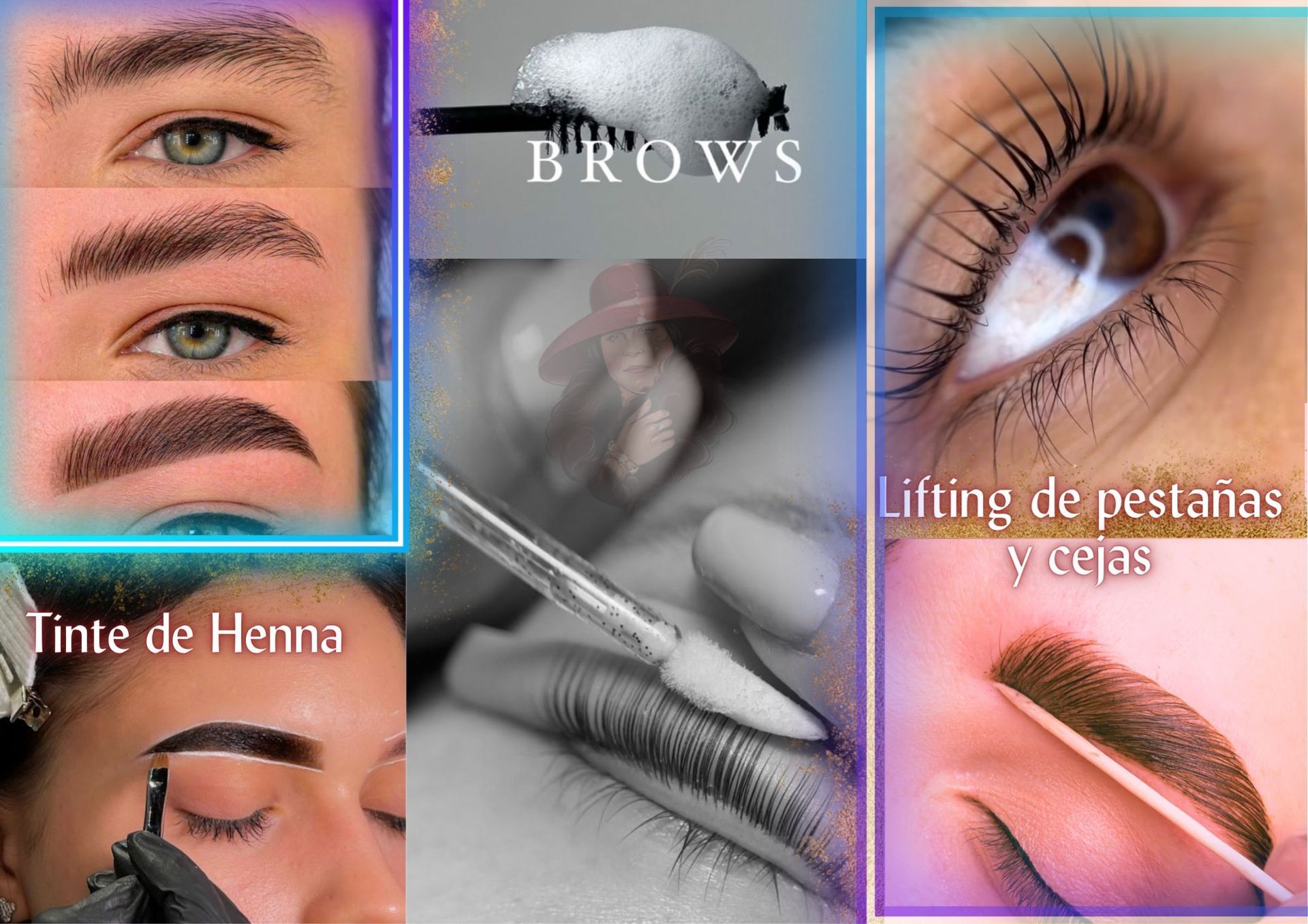 Un collage de fotos de una mujer depilándose las cejas.