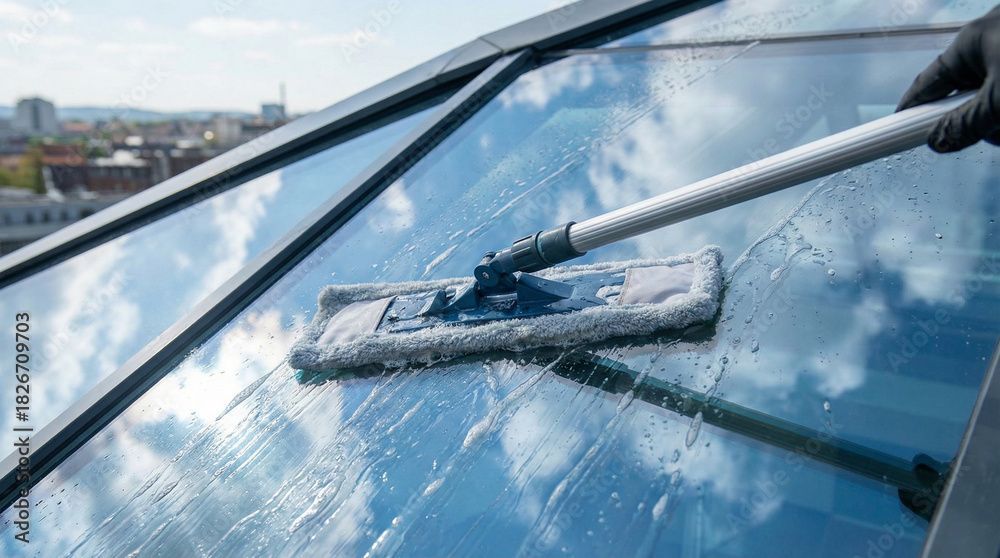 Fensterputzer, der unter blauem Himmel ein reflektierendes Glasdach mit einem Abzieher abwischt