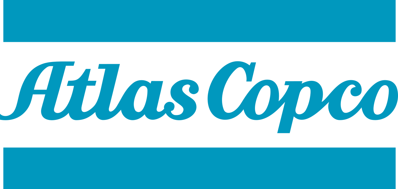Atlas Copco-Logo mit blauen horizontalen Balken.