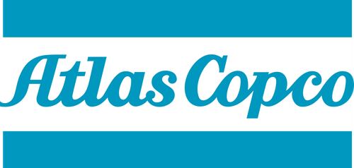 Atlas Copco-Logo mit blauen horizontalen Balken.