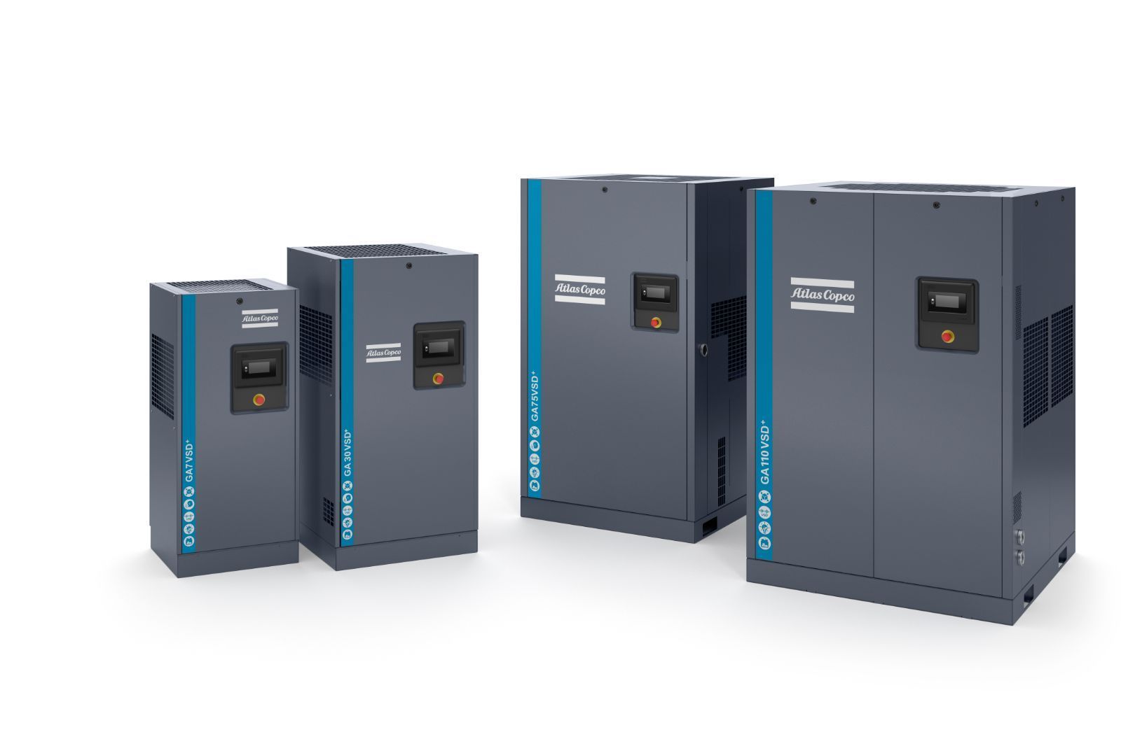 Vier dunkelblaue Industriemaschinen mit Digitalanzeigen; unterschiedliche Größen, mit der Aufschrift Atlas Copco.