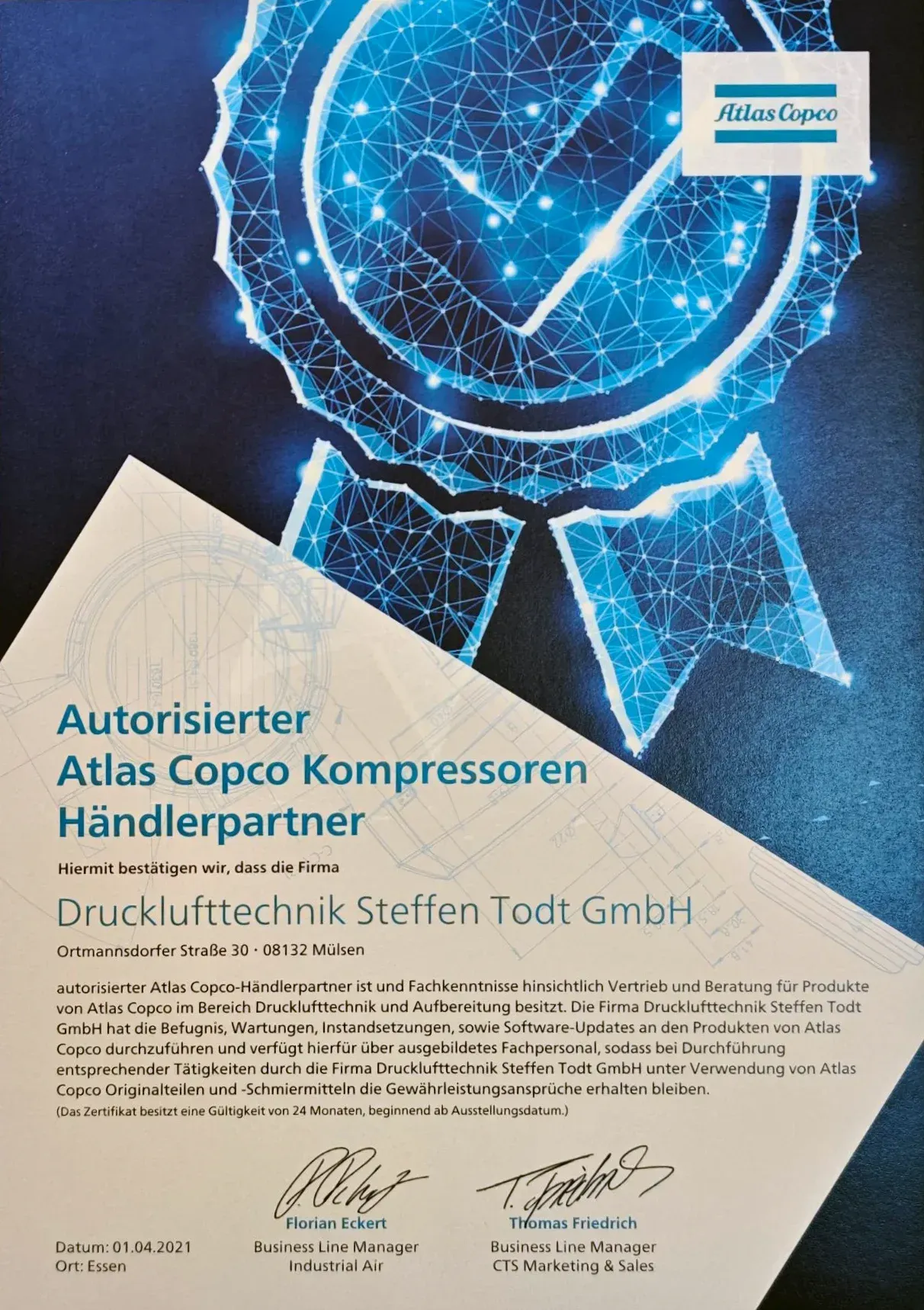 Certificate: Authorized Atlas Copco Kompressoren Händlerpartner (Steffen Todt GmbH), blue ribbon seal, signatures.