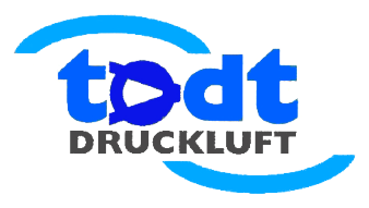 Logo von "todt DRUCKLUFT" in Blau und Grau, mit einem abstrakten Symbol und geschwungenen Linien.