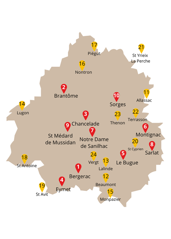 Carte verte avec les sites régionaux et des marqueurs rouges, bordée de blanc et ornée de petits logos.