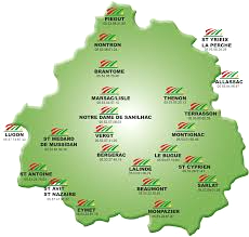 Carte verte avec les sites régionaux et des marqueurs rouges, bordée de blanc et ornée de petits logos.