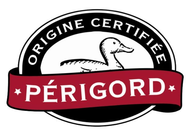 Logo Origine Certifiée Périgord avec un canard blanc sur un emblème noir, blanc et rouge