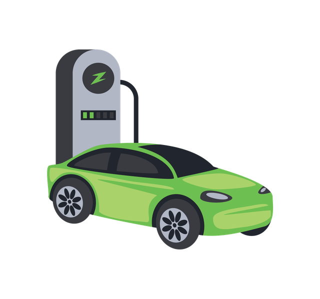 Illustration d'une voiture électrique en train d'être rechargée à une borne de recharge