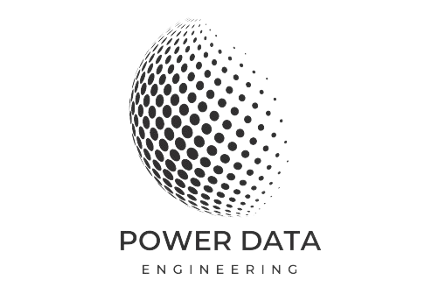 Un logotipo en blanco y negro para una empresa llamada Power Data Engineering.