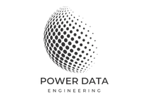 Un logotipo en blanco y negro para una empresa llamada Power Data Engineering.