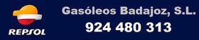 Logotipo de Repsol con "Gasóleos Badajoz, SL" y número de teléfono 924 480 313 sobre fondo azul.