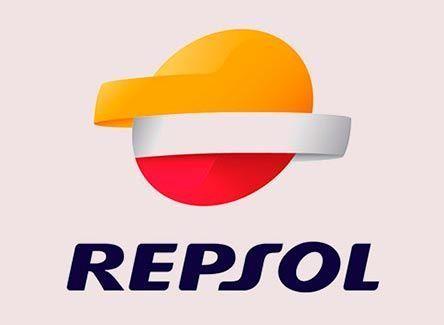 Logotipo de Repsol: esfera estilizada de color naranja, blanco y rojo con el nombre de la empresa debajo en texto azul.