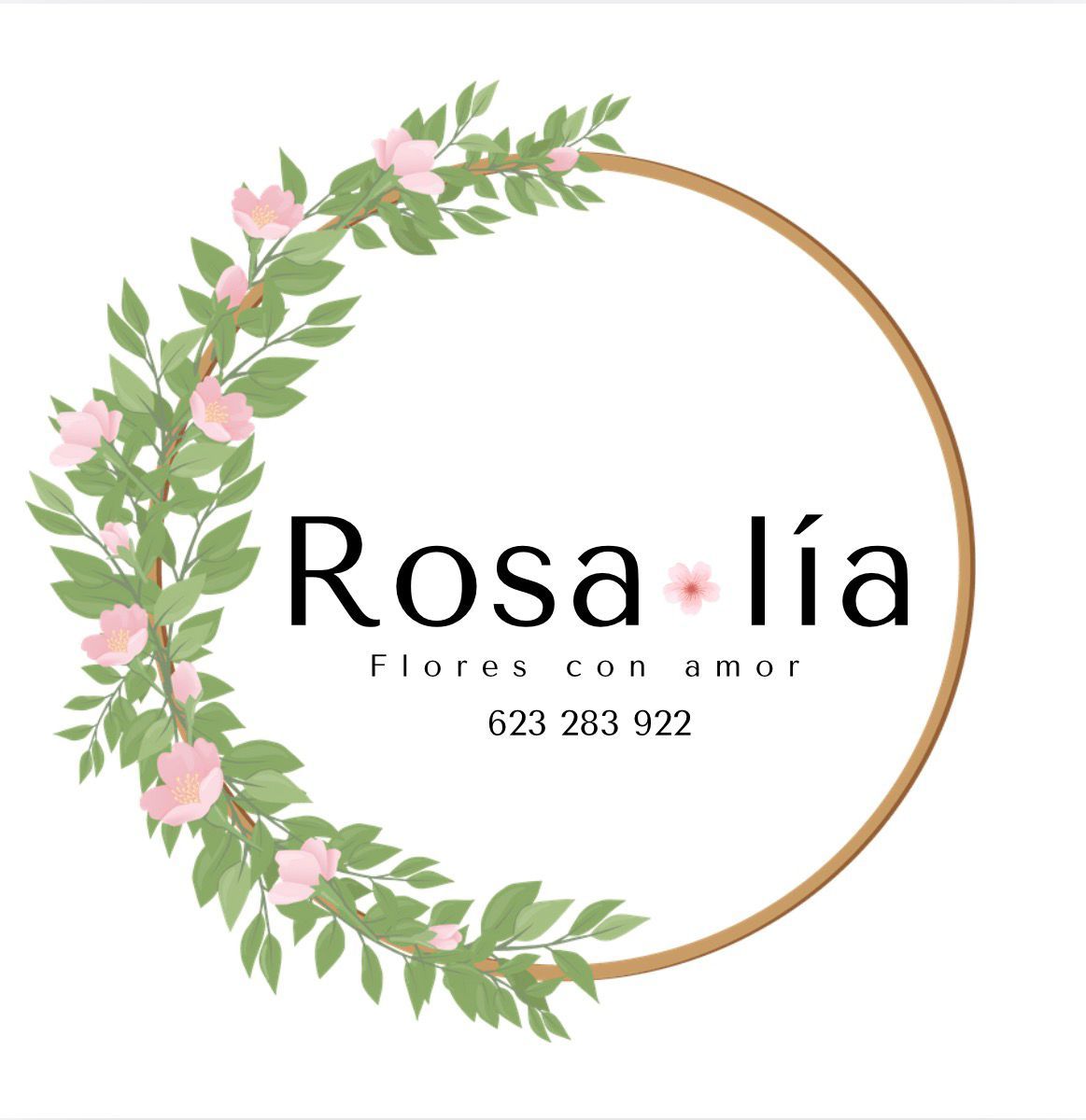 Logotipo de Rosa l&iacute;a con flores rosas y hojas verdes sobre un marco circular dorado, n&uacute;mero de tel&eacute;fono 623 283 922