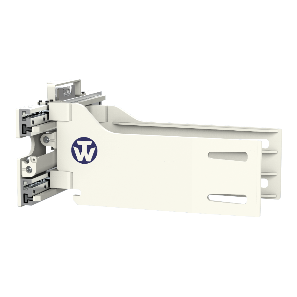 Ein weißes Türscharnier mit einem blauen W-Logo darauf.