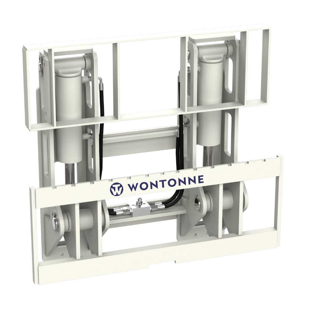 Ein weißer Gabelstapleraufsatz mit zwei Hydraulikzylindern auf weißem Hintergrund.