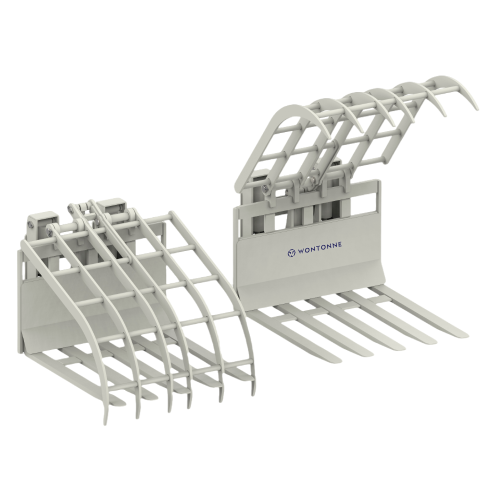 Ein Paar Greifschaufeln für Gabelstapler auf weißem Hintergrund.