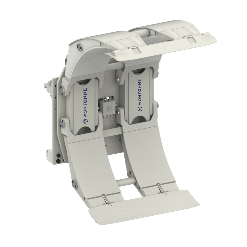 Eine Nahaufnahme einer Gabelstaplerklammer auf einem weißen Hintergrund.