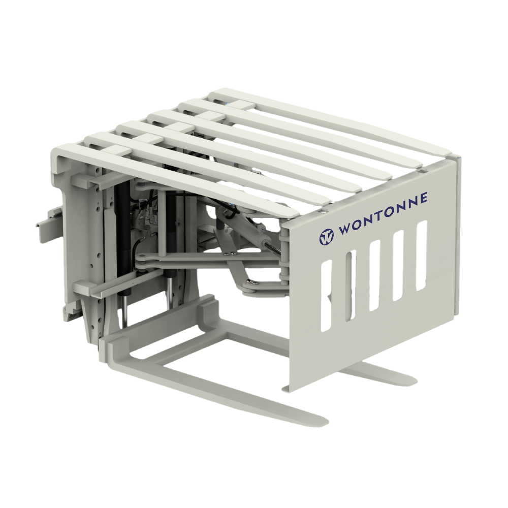 Ein weißer Gabelstapler mit der Aufschrift „Won-Tonne“ darauf.