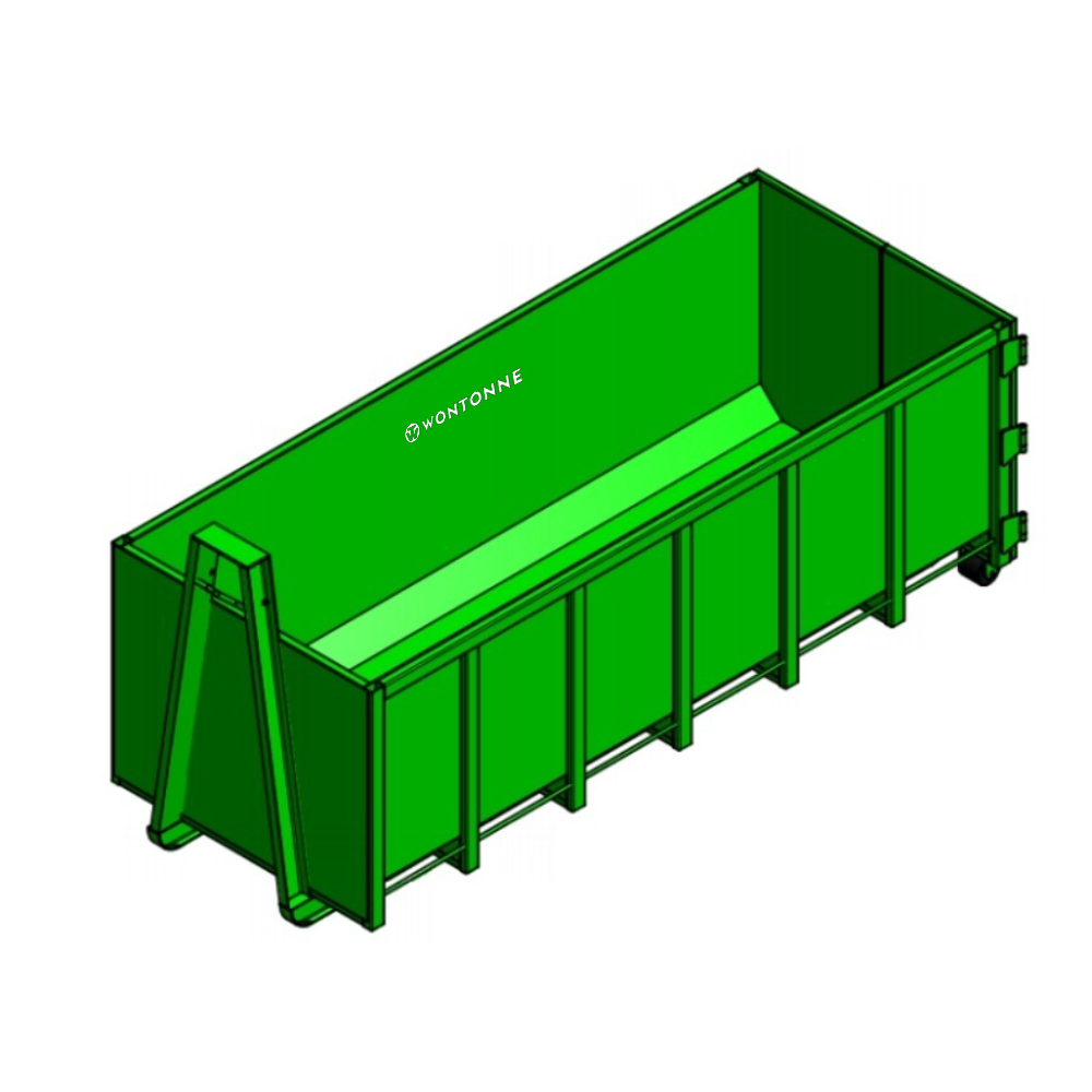 In einem 3D-Modell ist auf weißem Hintergrund ein grüner Müllcontainer dargestellt.
