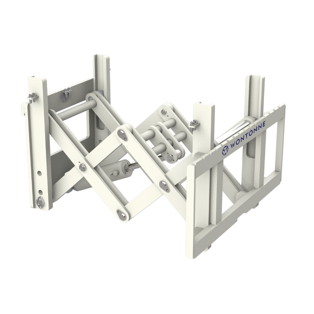 Eine 3D-Darstellung einer weißen Scherenhebebühne auf weißem Hintergrund.