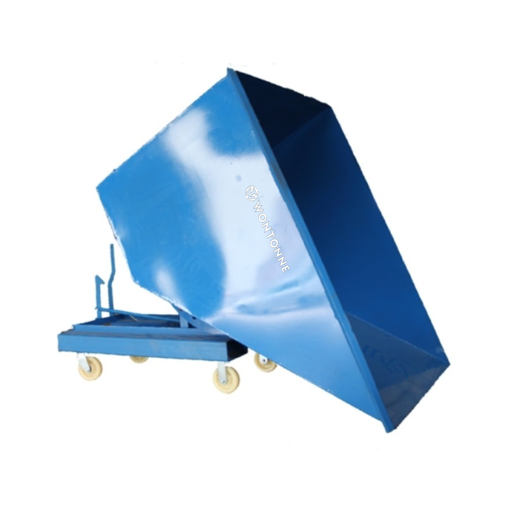 Ein blauer Müllcontainer mit weißen Rädern auf weißem Hintergrund