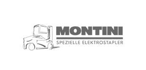 Ein schwarz-weißes Logo für eine Firma namens Montini Spezial Elektrostapler.